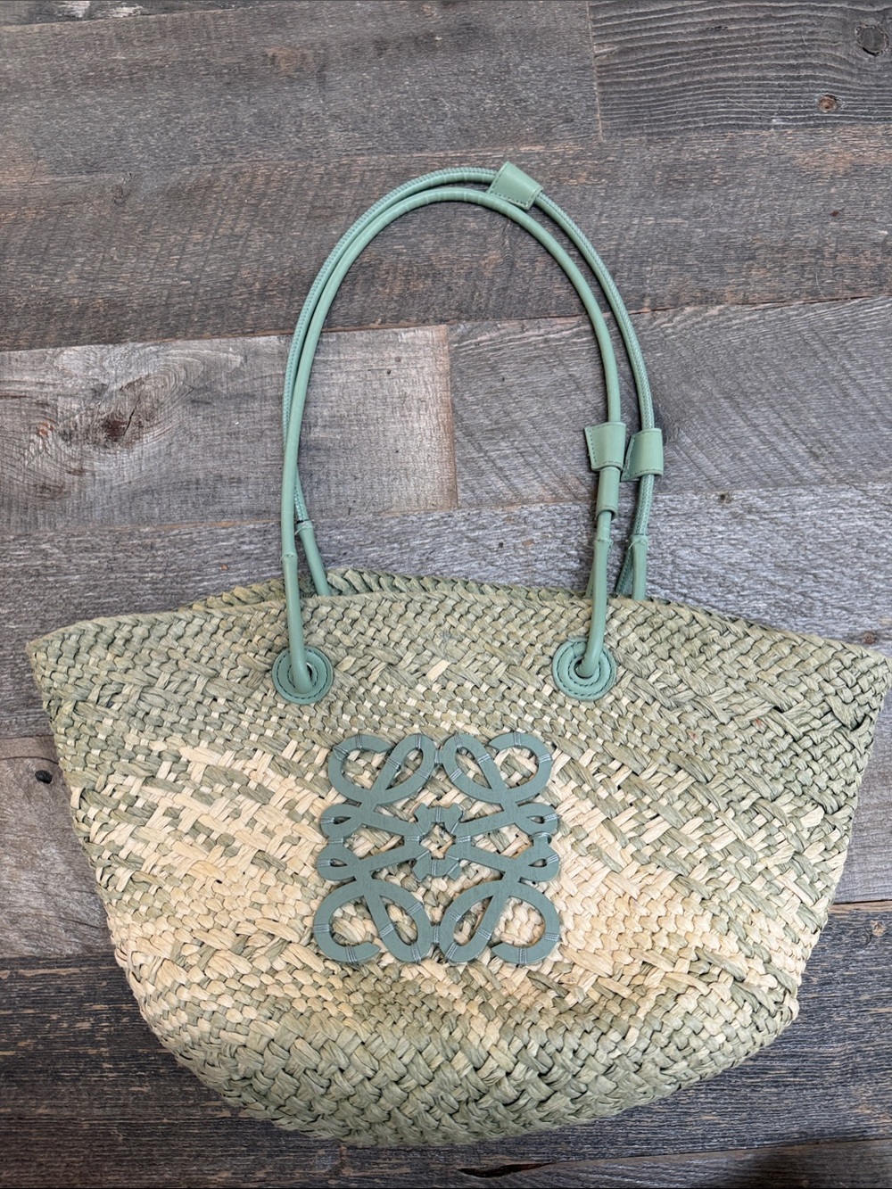 Loewe Straw Tote with Mint Leather Handles and Logo Applique